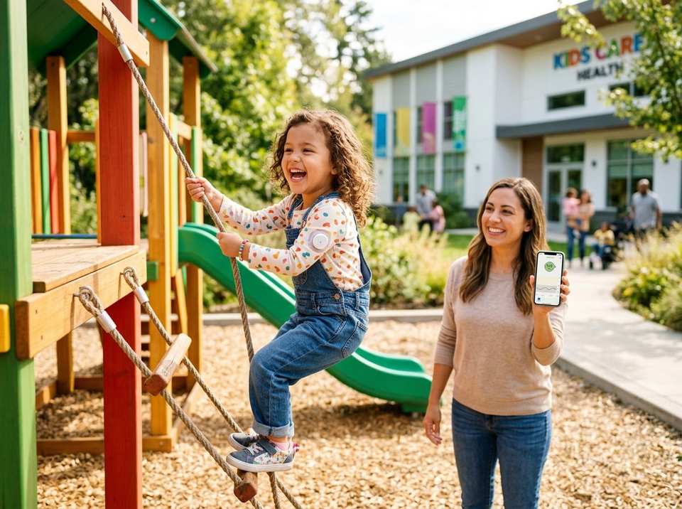 Child happily playing with comfortable Continuous Glucose Monitor sensor on arm